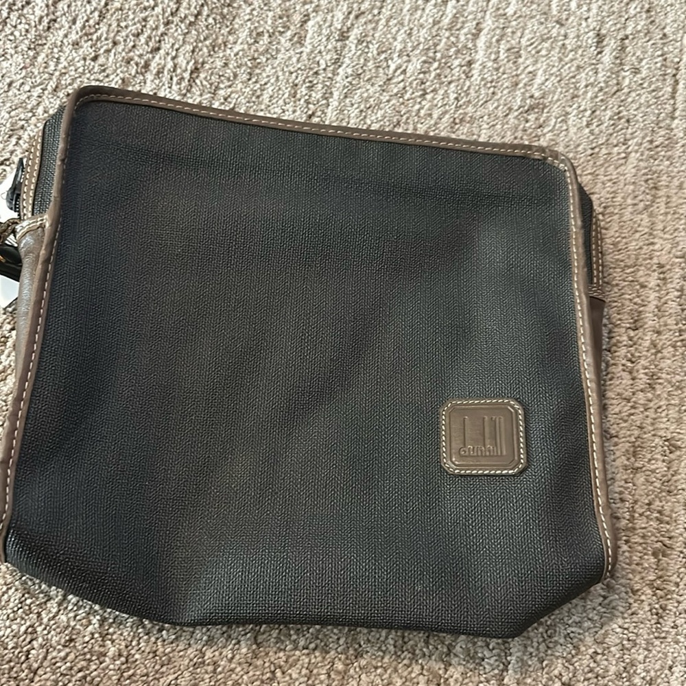 Dunhill clutch bag gray canvas brown leather